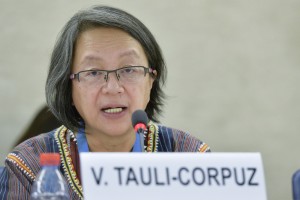Victoria Tauli-Corpuz, Special Rapporteur on the rights of Indigenous Peoples during the panel the topics Human Rights and climate change. 6 March 2015. UN Photo / Jean-Marc Ferr